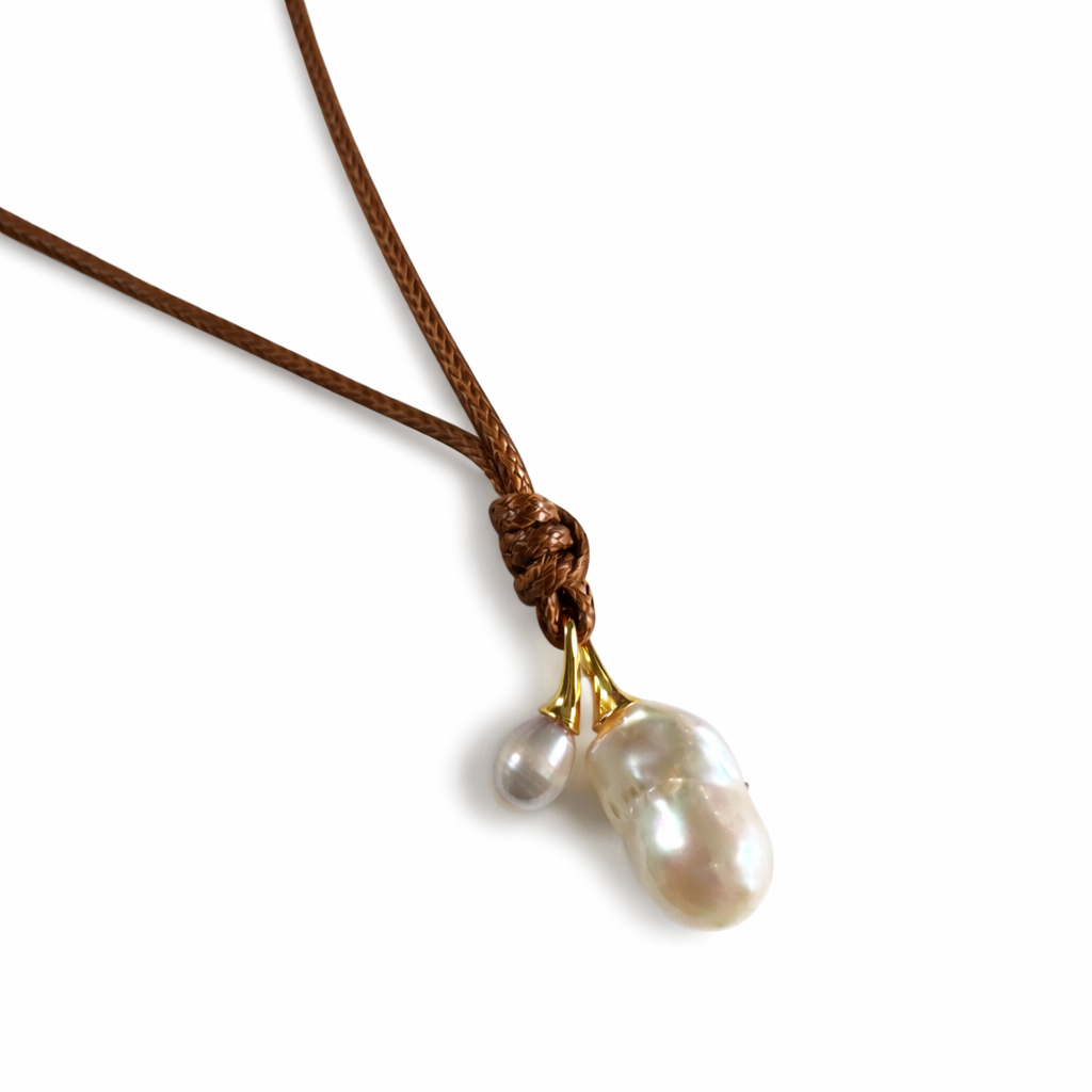 0026 Leather Rope Necklace with Double Pearl Pendant