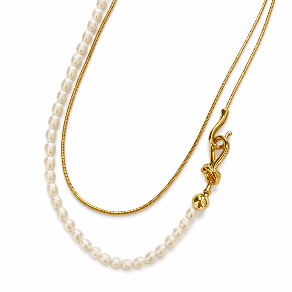 0027 Long Gold + Pearl Necklace