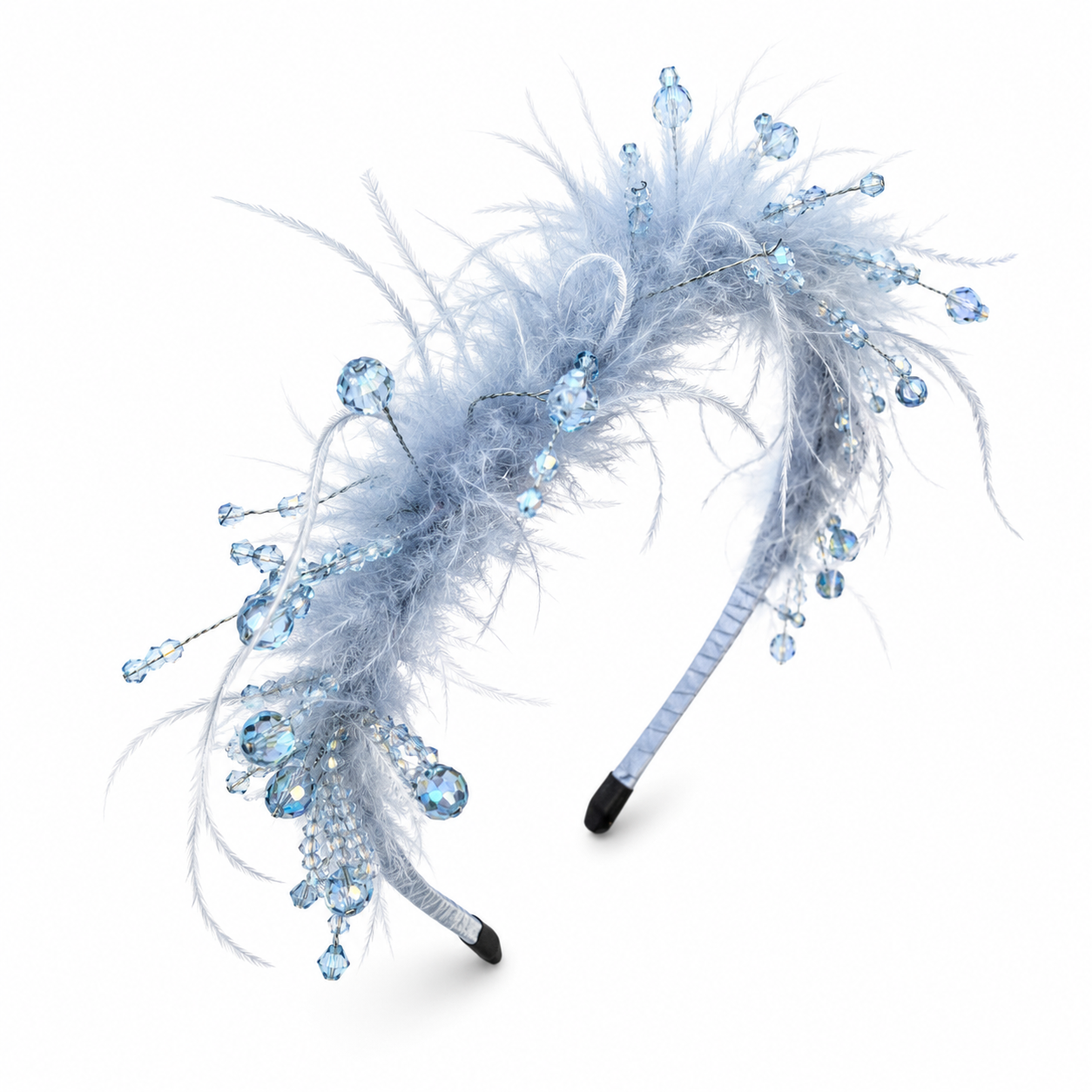 Heather Statement Headband, Steel Blue Feather
