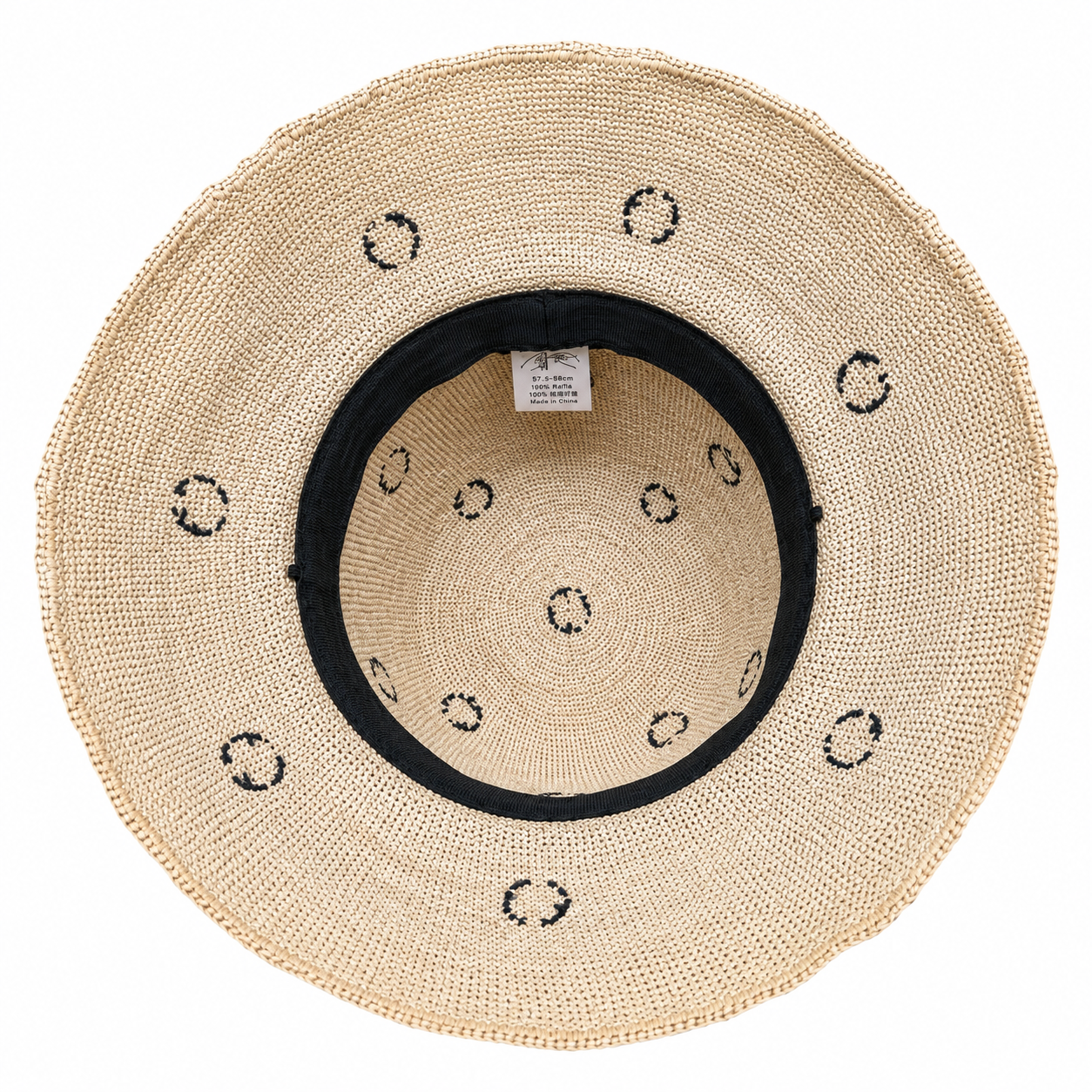 ROLLABLE, Natural Raffia Hat with Black Polka Stitch
