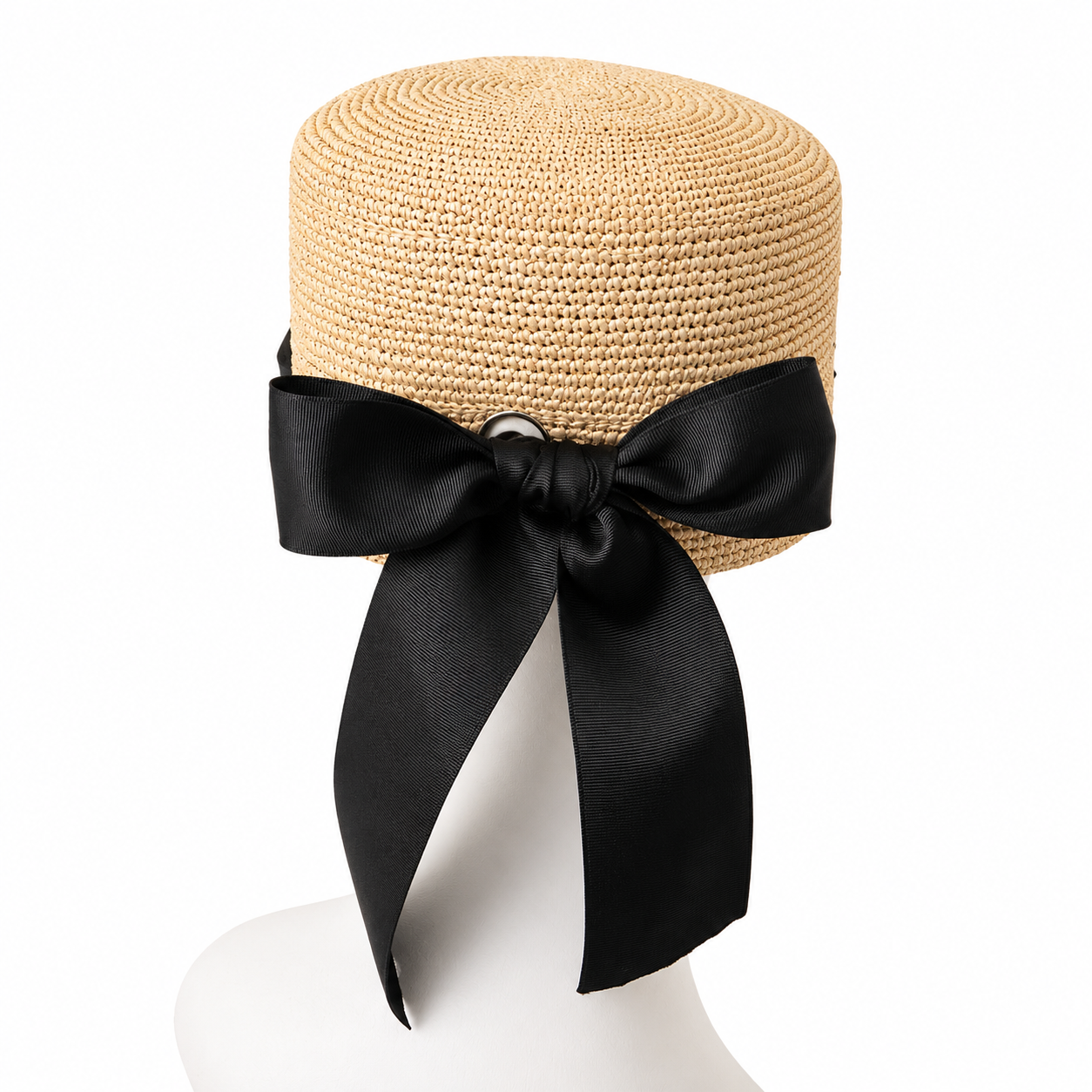 CAP, Raffia Cap with Black Bow - Size Large