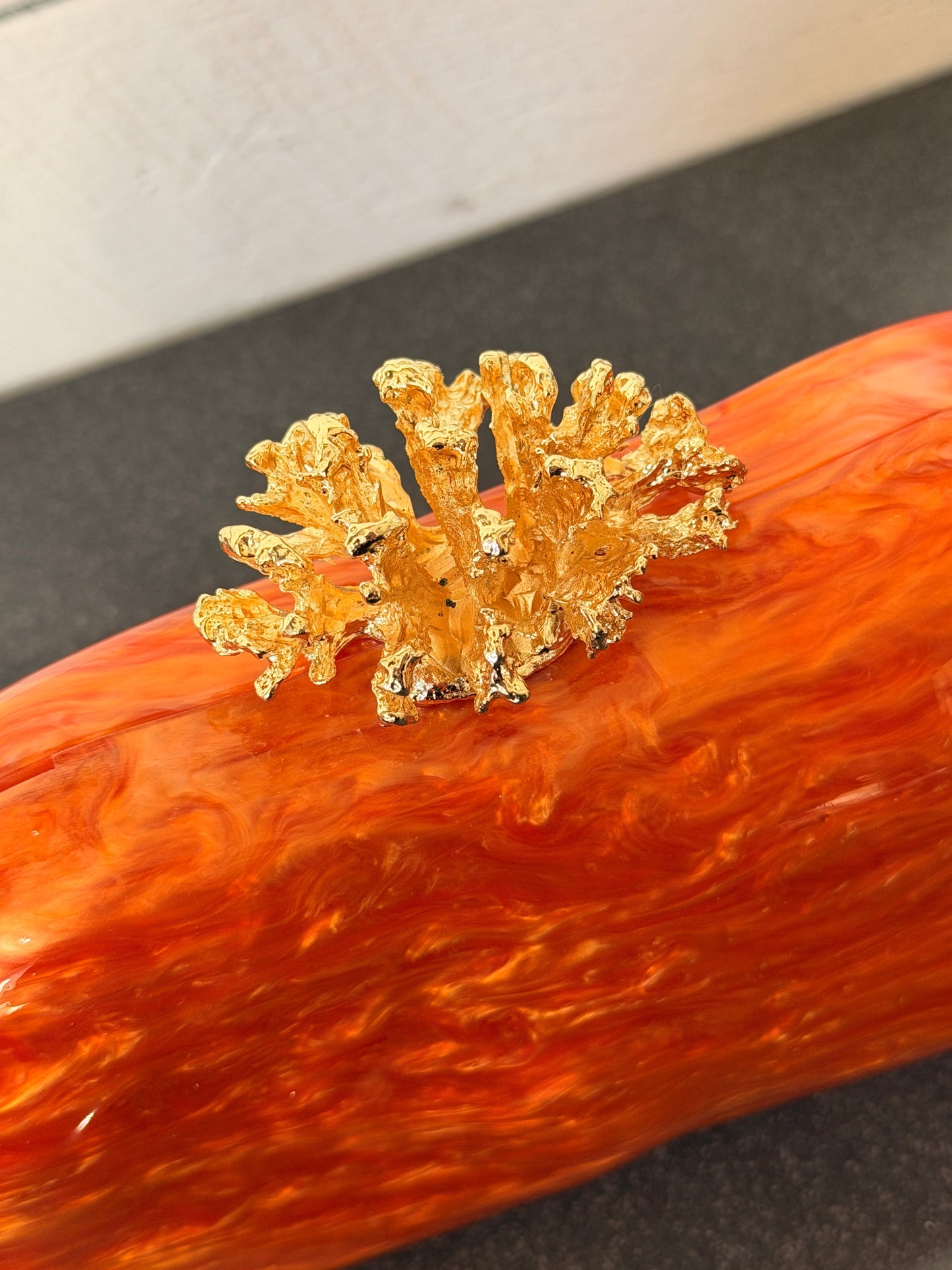 Assorted Acrylic Clutch, Burnt Orange with Gold Coral Top