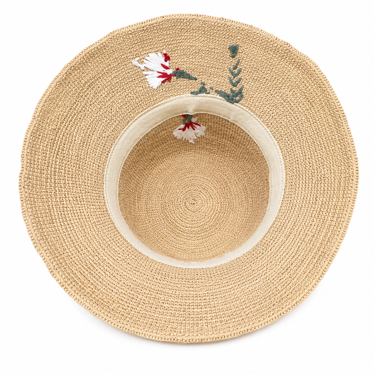 ROLLABLE, Natural Raffia Hat with Floral Stitch