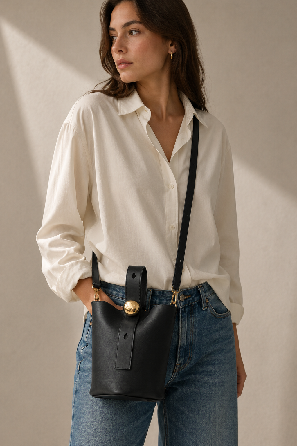 REMI Bucket Bag with Gold Bubble Lock, Black