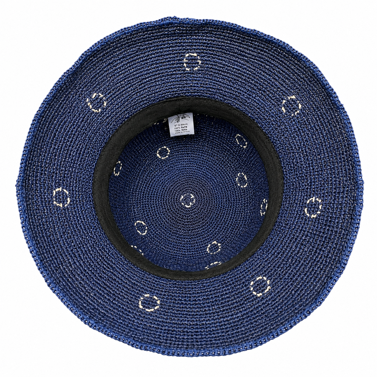 ROLLABLE, Navy Raffia Hat with White Polka Stitch