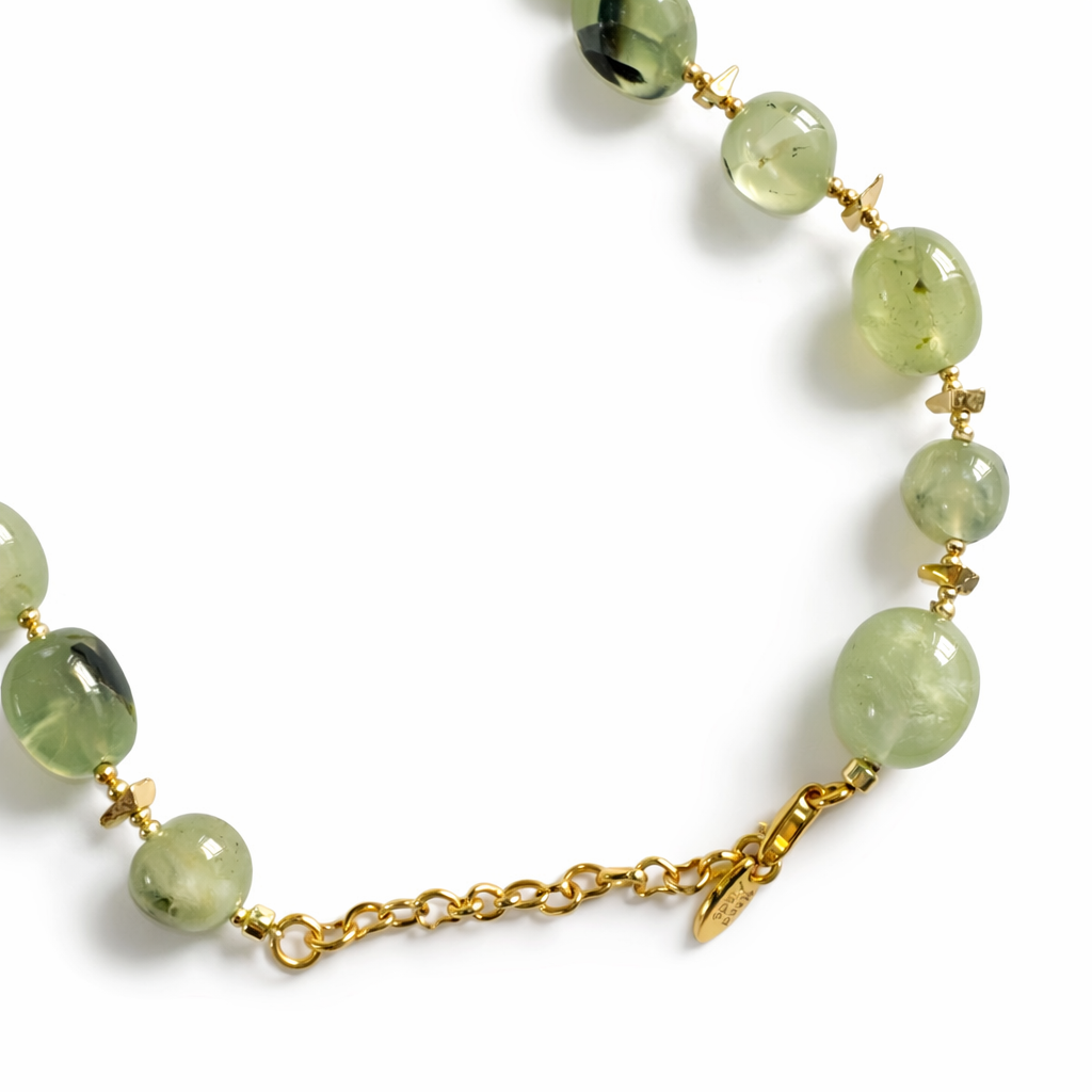 0023 Short Gold + Green Bead Necklace