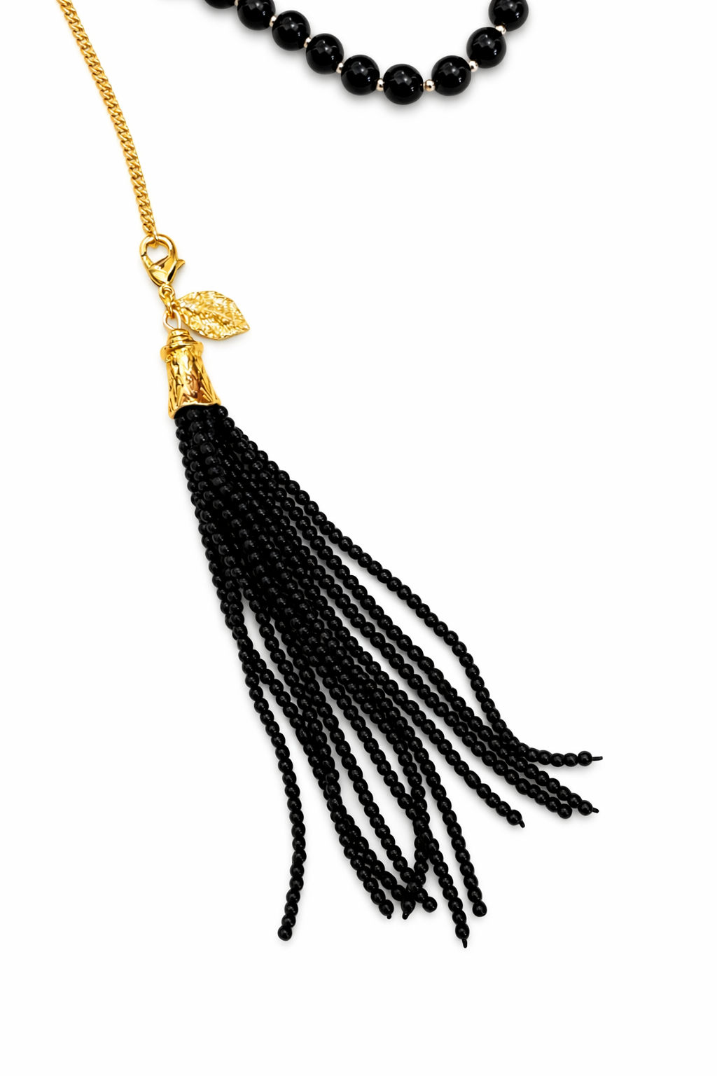 0030 Black + Gold Lariat Necklace w Removable Tass