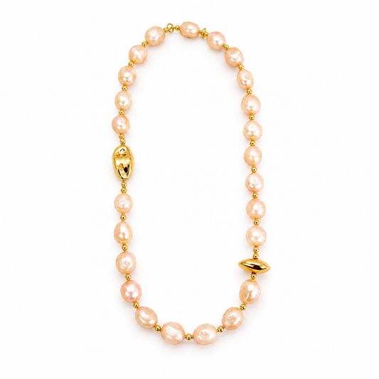 037 Pink Pearl + Gold Short Necklace