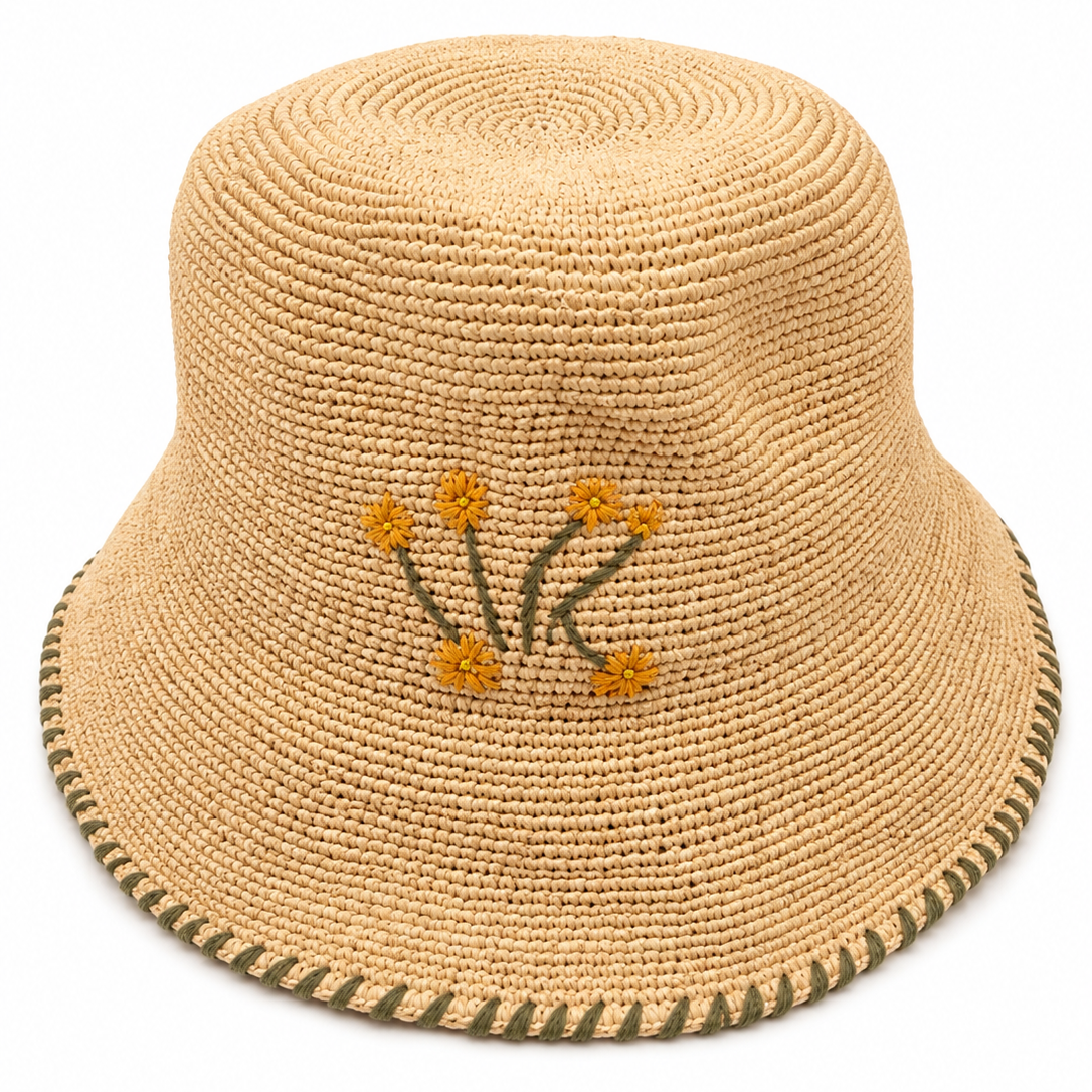 ROLLABLE, Natural Raffia Hat with Olive Stitch Edge and Floral