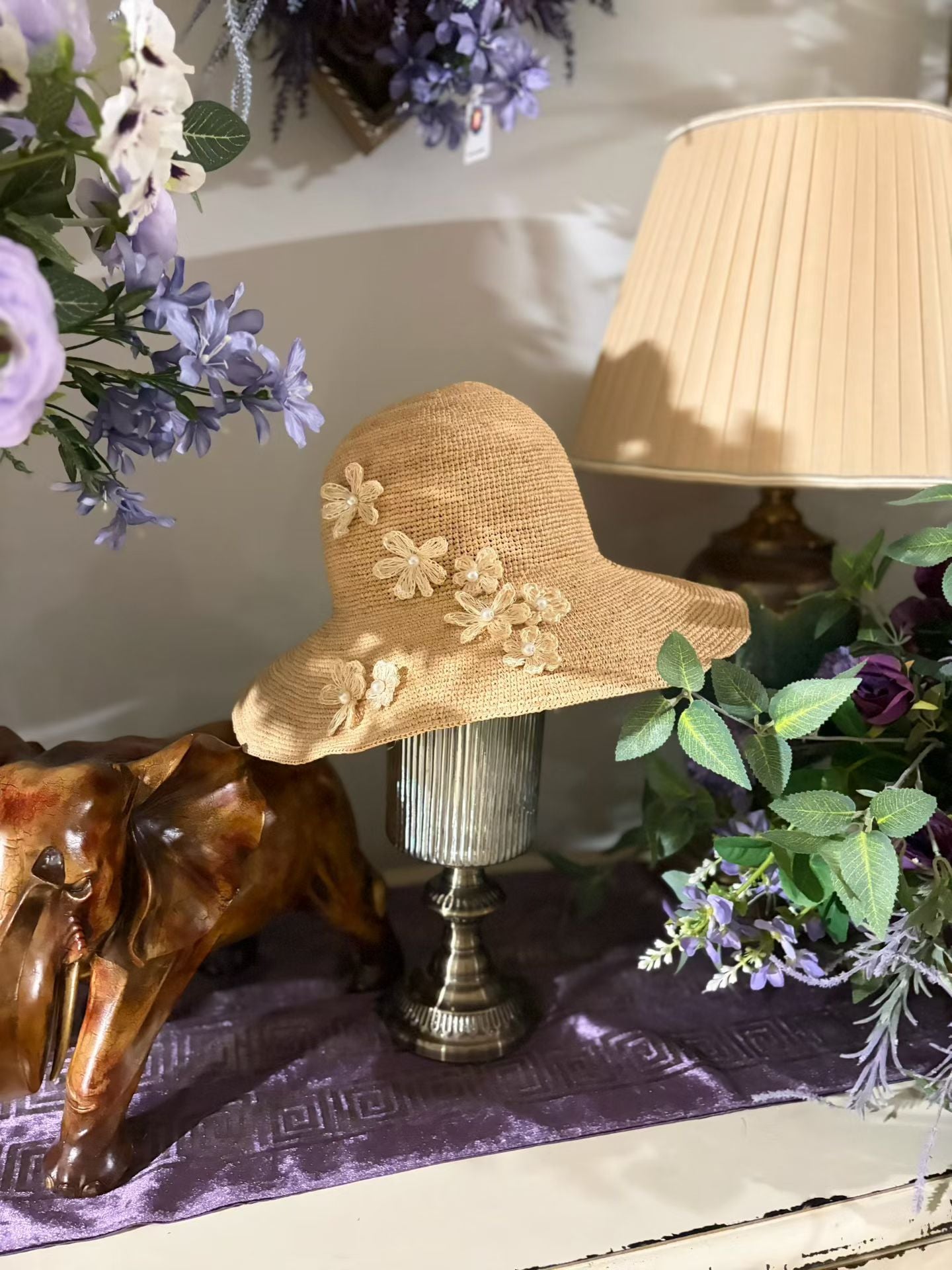 ROLLABLE, Natural Raffia Hat with Floral Pearl Design