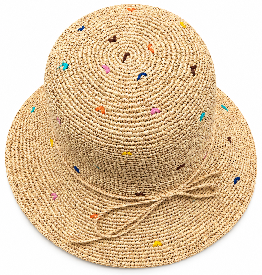 ROLLABLE, Natural Raffia Hat with Confetti Multi Stitch