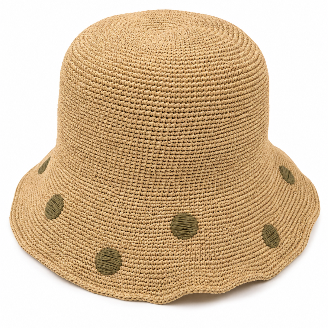 ROLLABLE, Natural Raffia Hat with Olive Polka Stitch on Brim