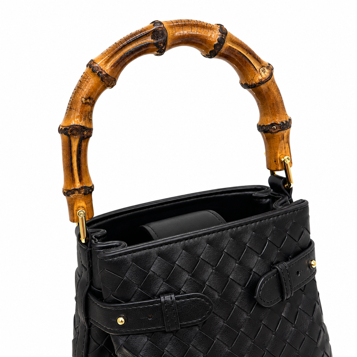GINA Bucket Bag in Black with Bamboo Top Handle