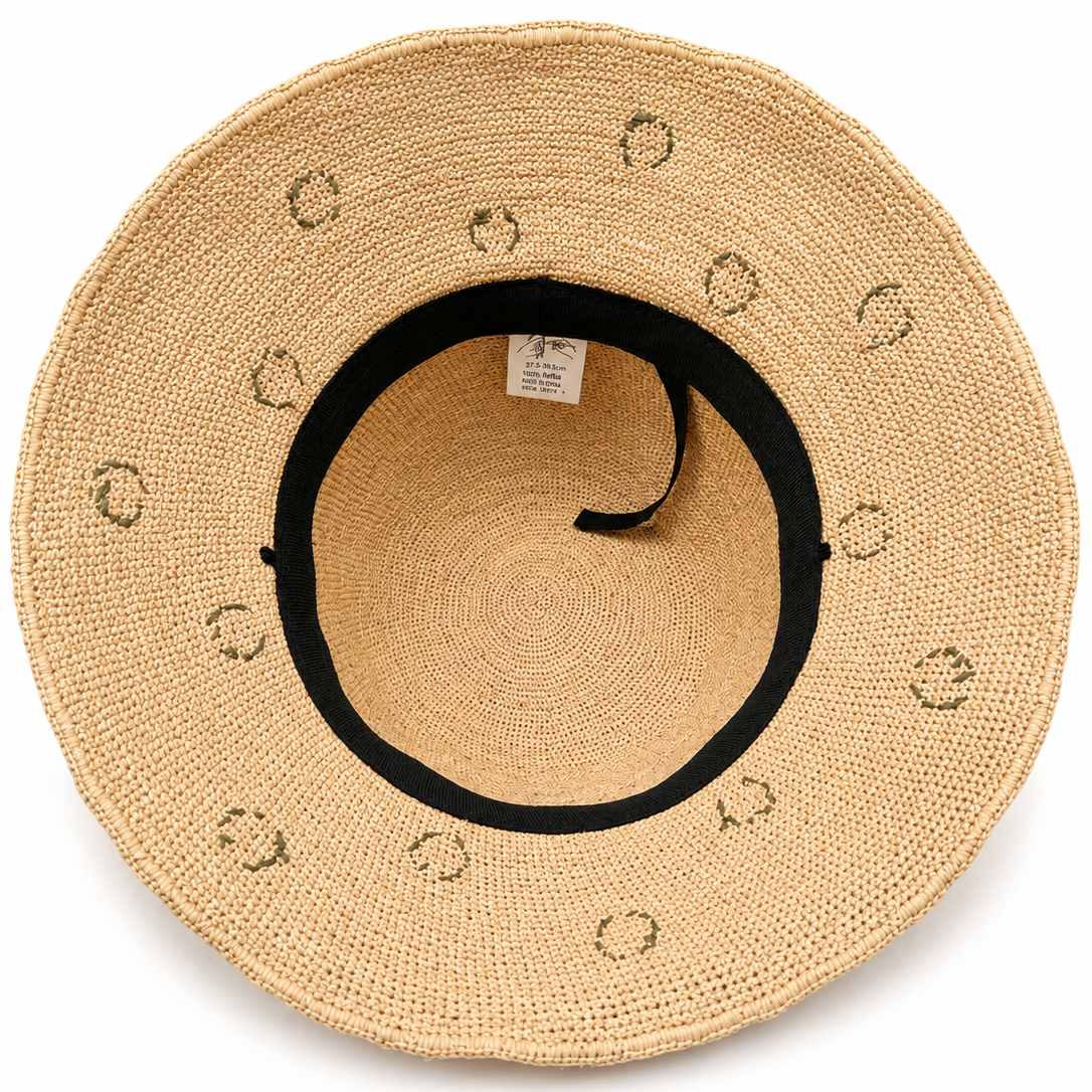 ROLLABLE, Natural Raffia Hat with Olive Polka Stitch on Brim