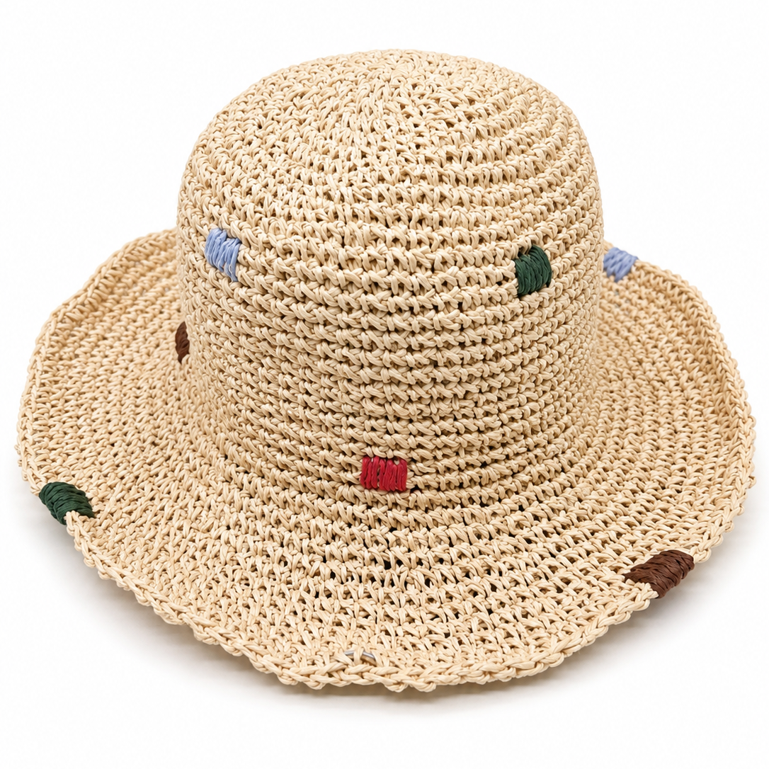 ROLLABLE, Cream Raffia Hat with Earthy Multi Stitch
