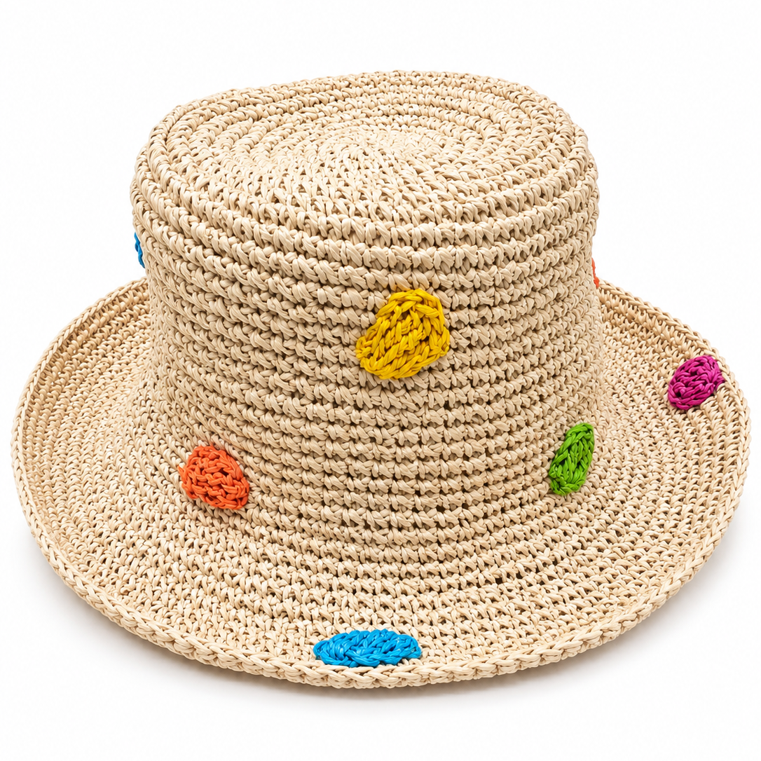 ROLLABLE, Cream Raffia Hat with Polka Dot Multi Stitch