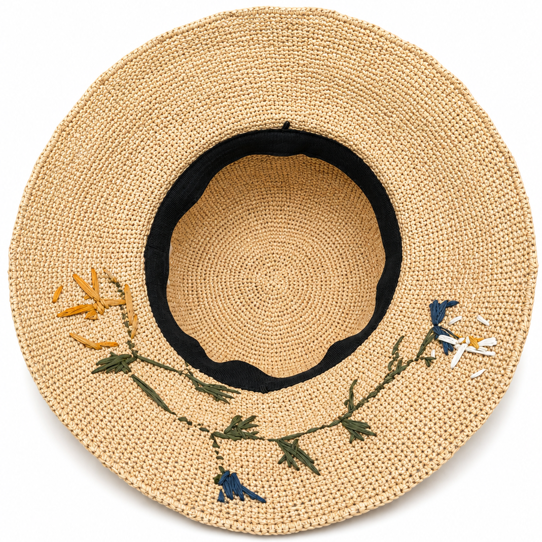 ROLLABLE, Natural Raffia Hat with Floral Design