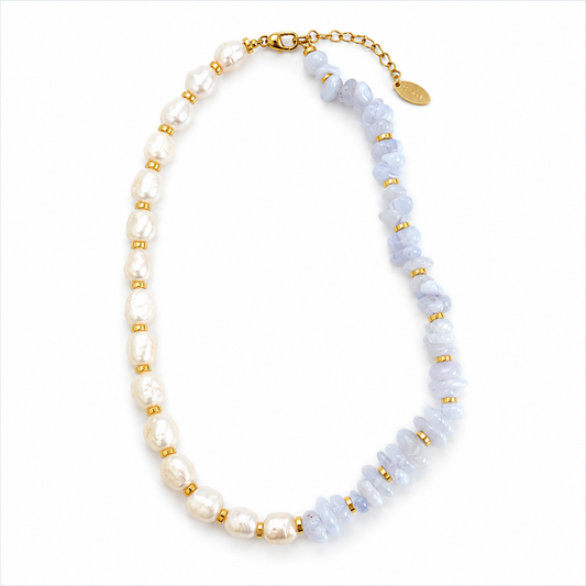 0039 Pearl & Blue Lace Agate Short Necklace