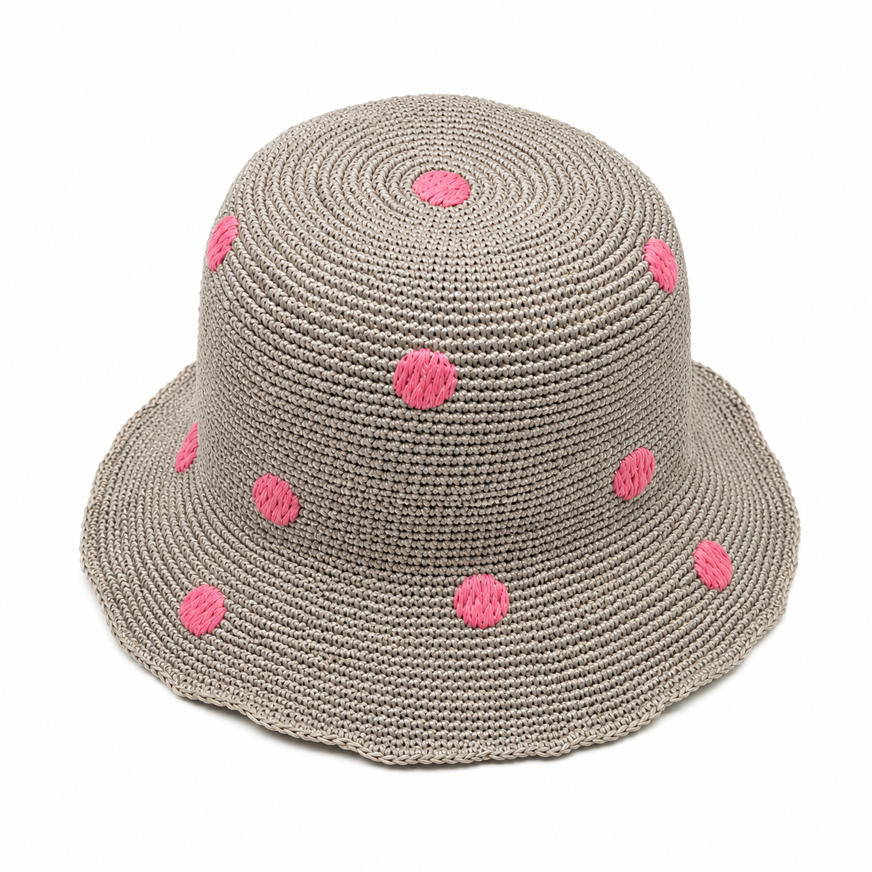 ROLLABLE, Grey Raffia Hat with Pink Polka Stitch