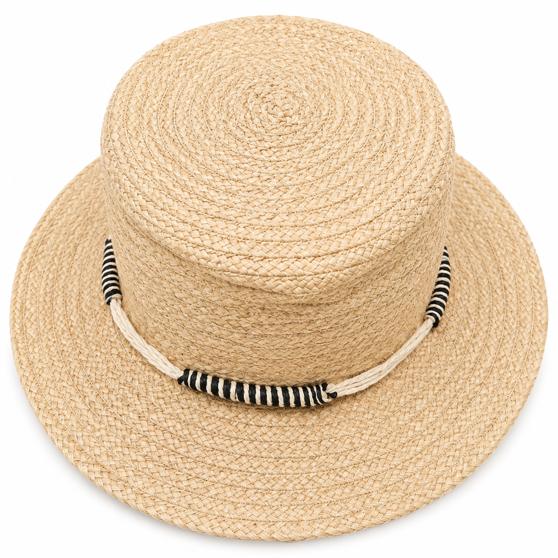ROLLABLE, Natural Raffia Hat with Black & Natural Band