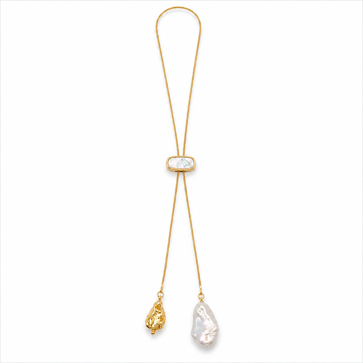 0040 Long Gold Necklace with Pearl & Gold Ends