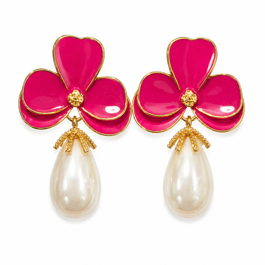 VICTORIA Pink Flower with Pearl Drop Earrings