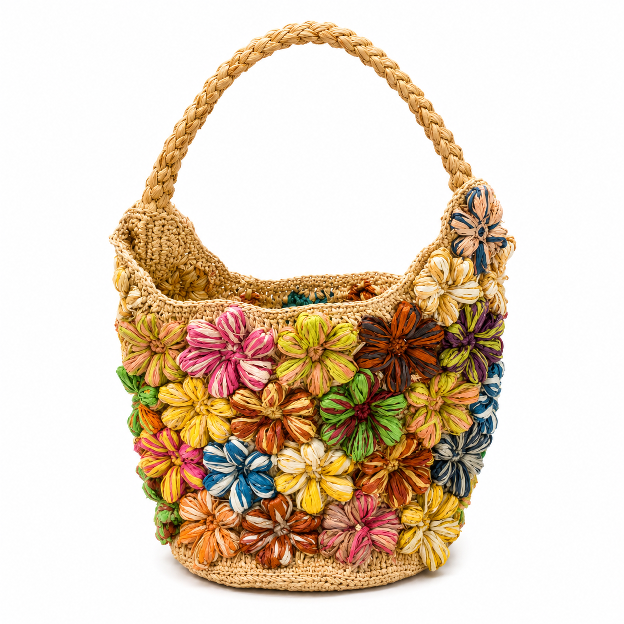 RAFFIA BUCKET BAG, Full Floral Design