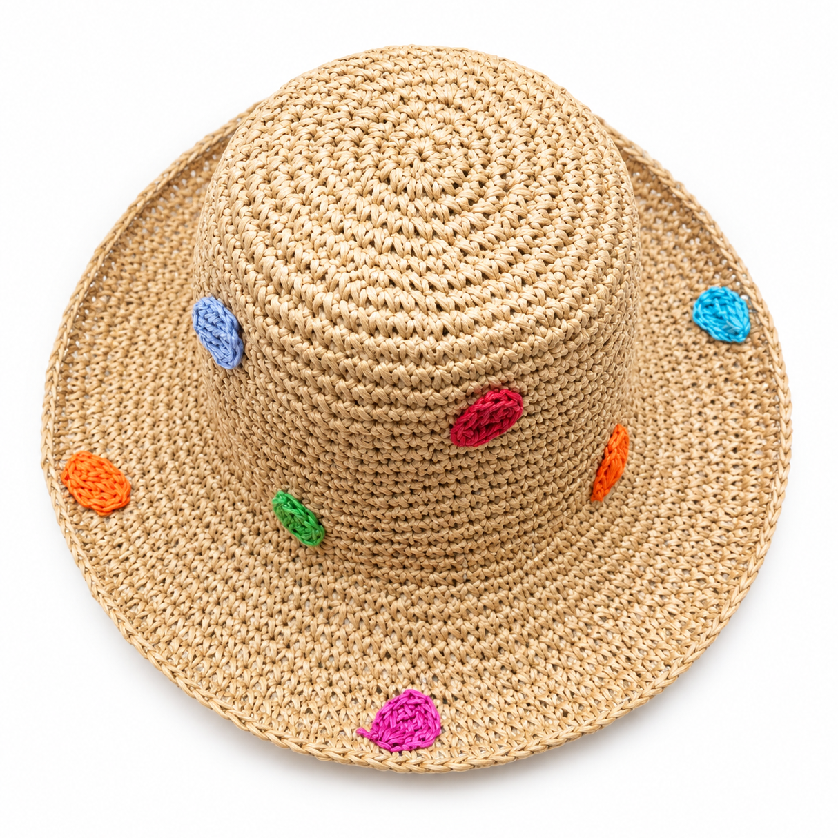ROLLABLE, Tan Raffia Hat with Polka Dot Multi Stitch
