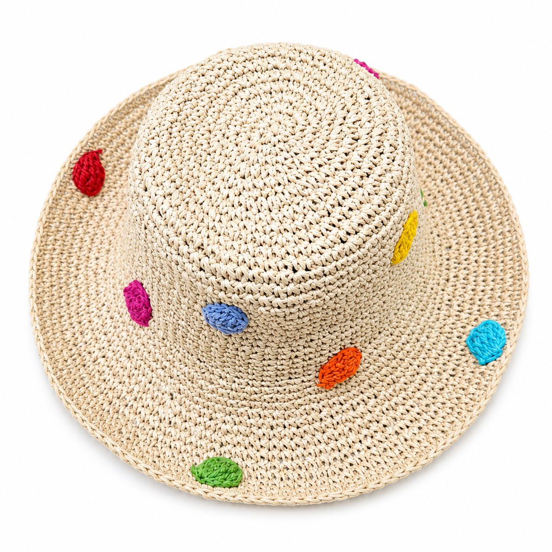 ROLLABLE, Cream Raffia Hat with Polka Dot Multi Stitch
