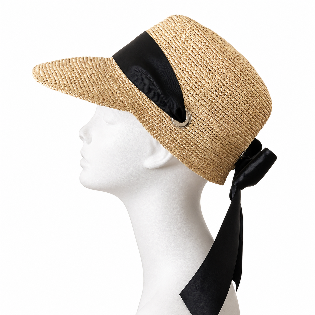CAP, Raffia Cap with Black Bow - Size Large