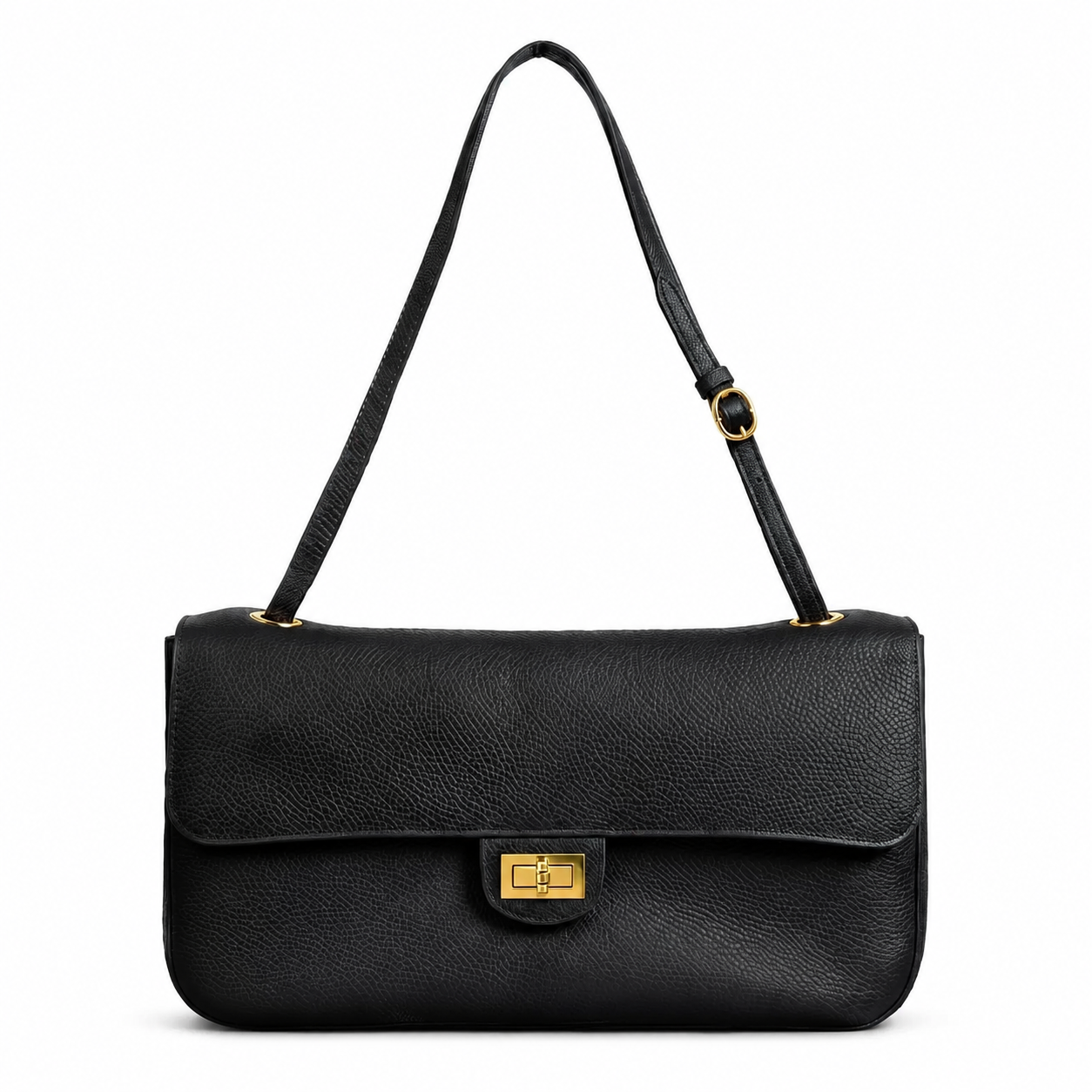 EMMA, Fold Over Flap Black Leather Handbag