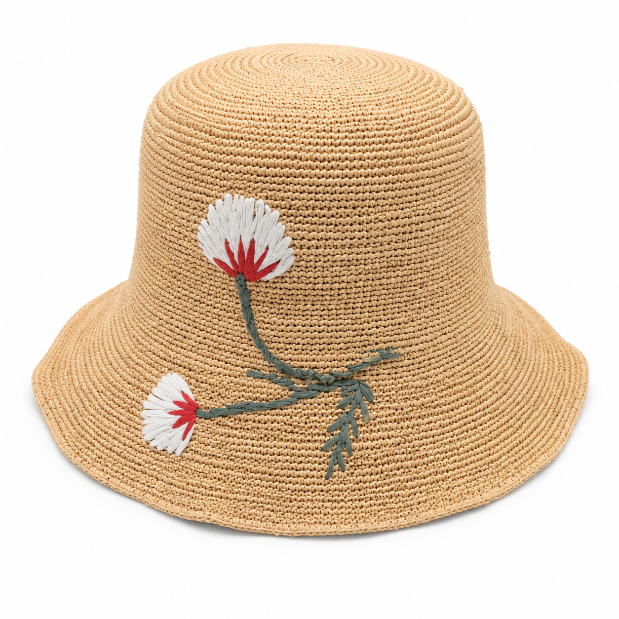ROLLABLE, Natural Raffia Hat with Floral Stitch