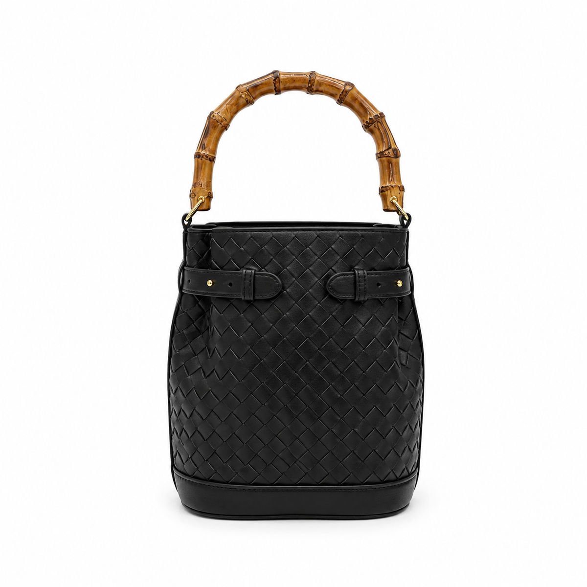 GINA Bucket Bag in Black with Bamboo Top Handle