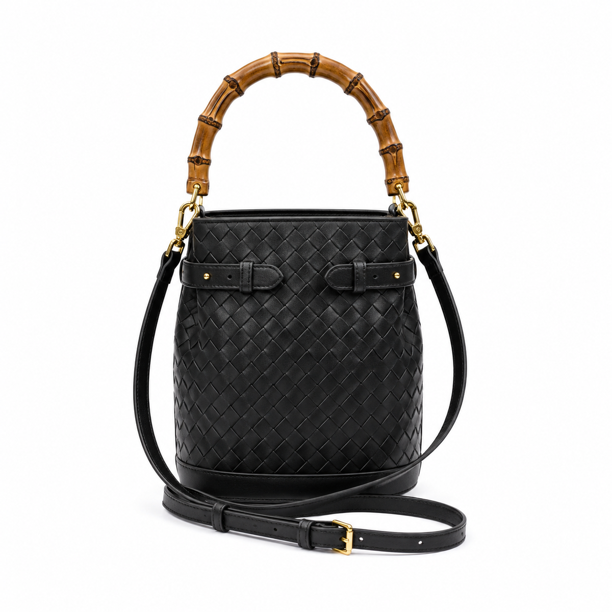 GINA Bucket Bag in Black with Bamboo Top Handle