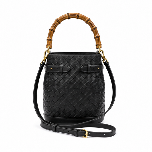 GINA Bucket Bag in Black with Bamboo Top Handle