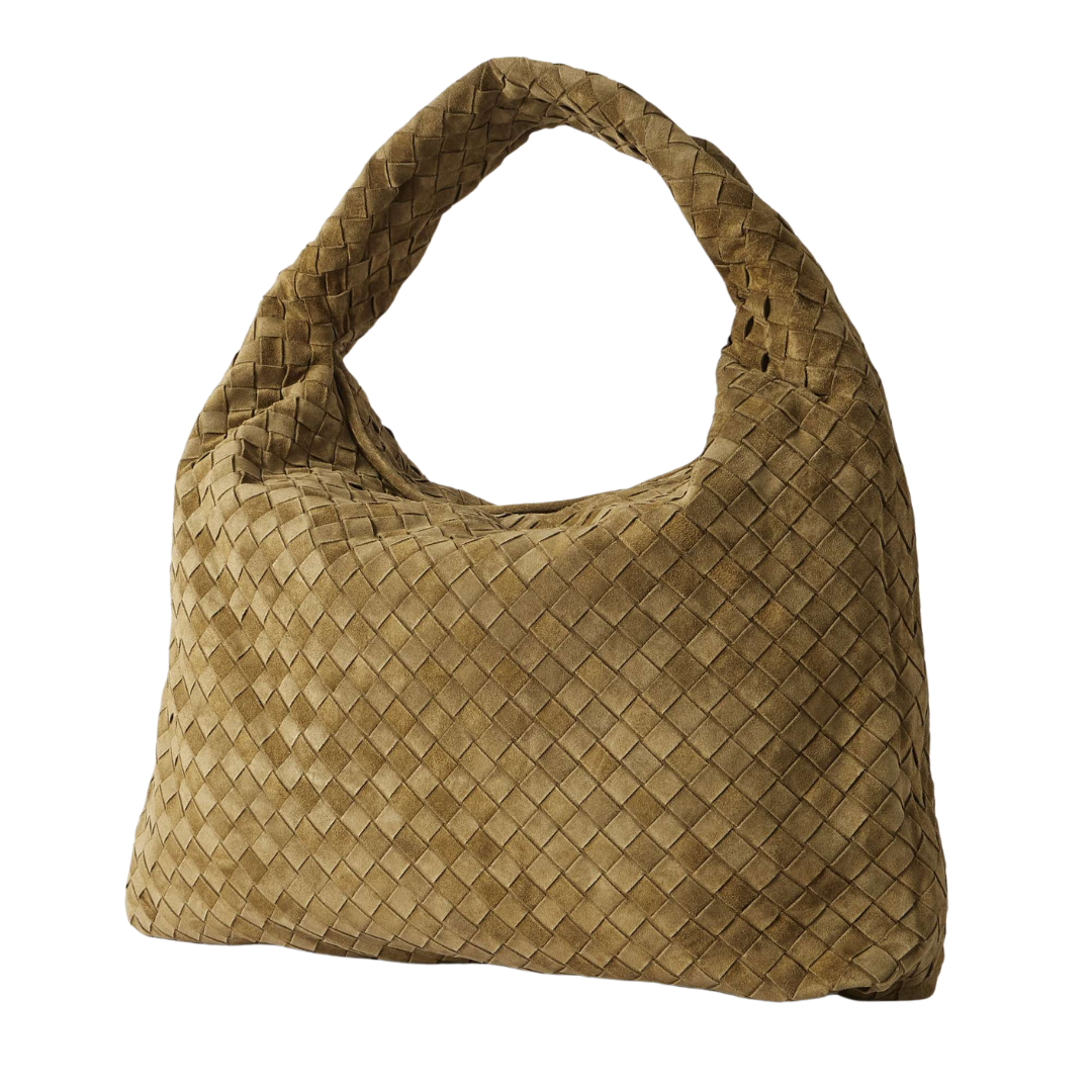 HARRIET, Slouchy Shoulder Bag in Mushroom Suede