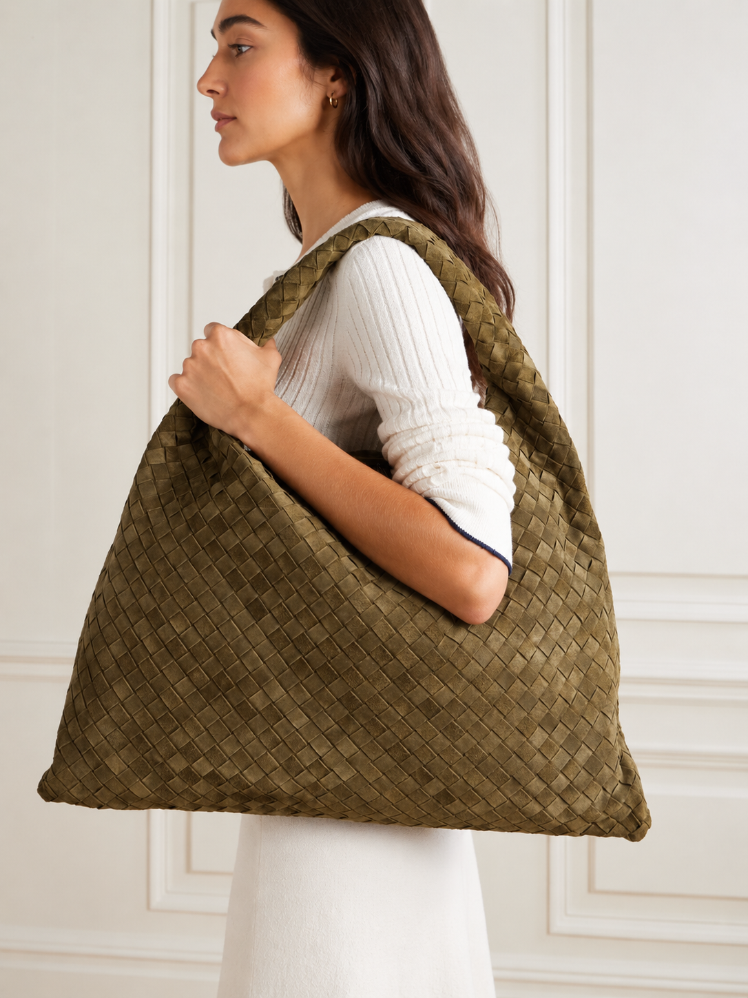 HARRIET, Slouchy Shoulder Bag in Mushroom Suede