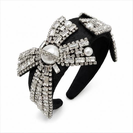 Heather Statement Headband, Black Crystal Bow