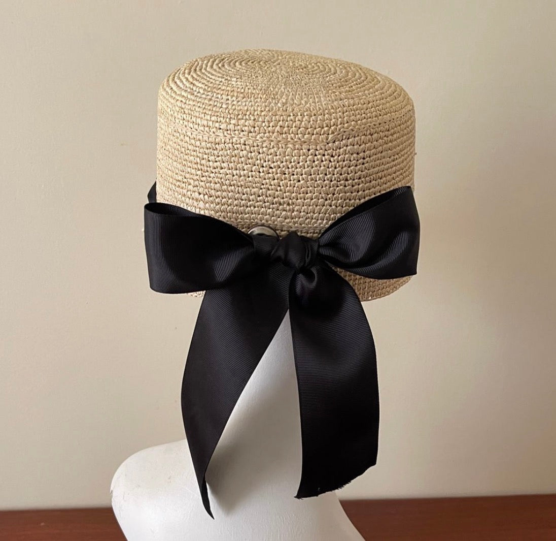 CAP, Raffia Cap with Black Bow - Size Large