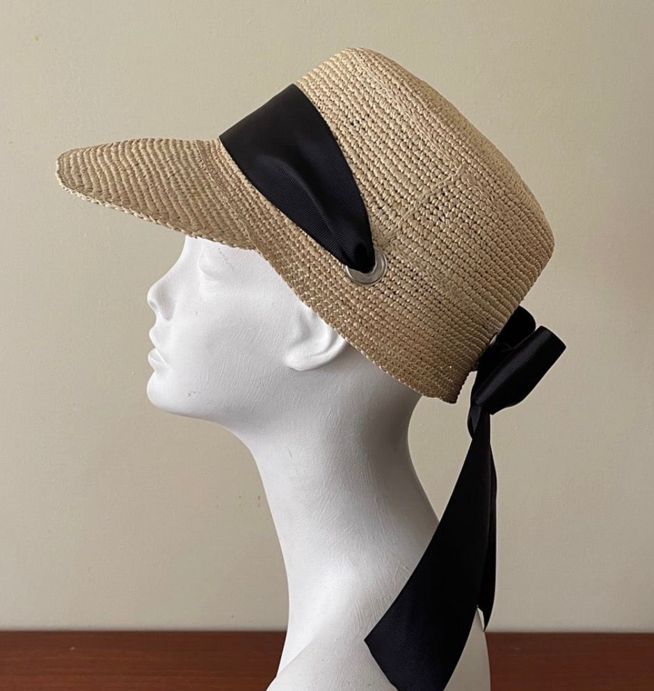 CAP, Raffia Cap with Black Bow - Size Large