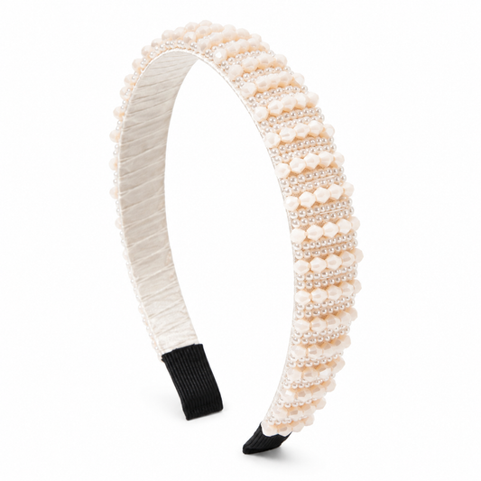Nova Embellished Thin Crystal Headband, Cream