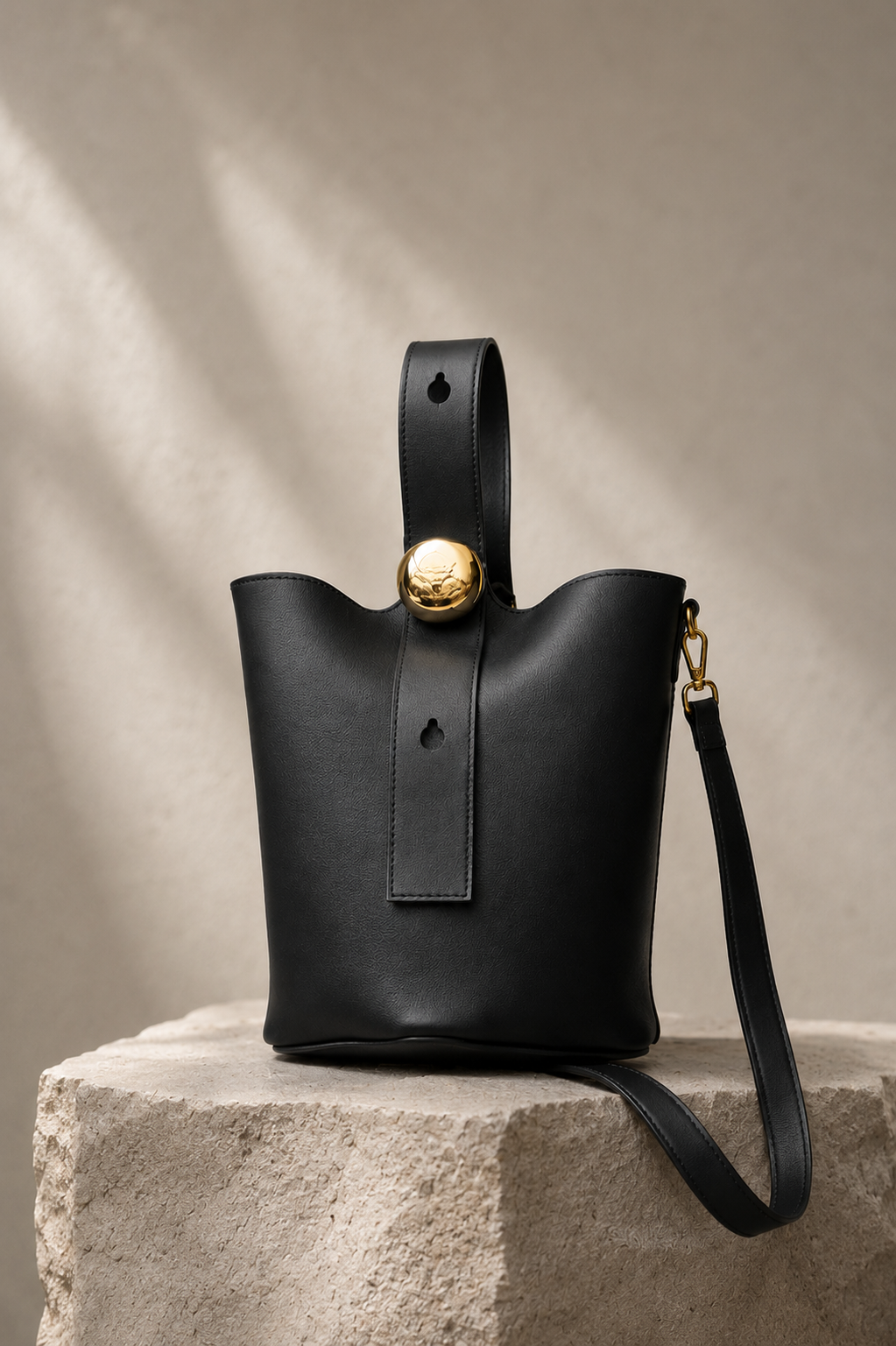 REMI Bucket Bag with Gold Bubble Lock, Black