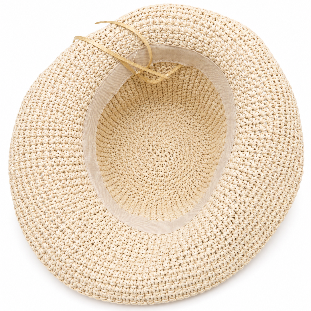 ROLLABLE, Cream Raffia Hat with Polka Dot Multi Stitch
