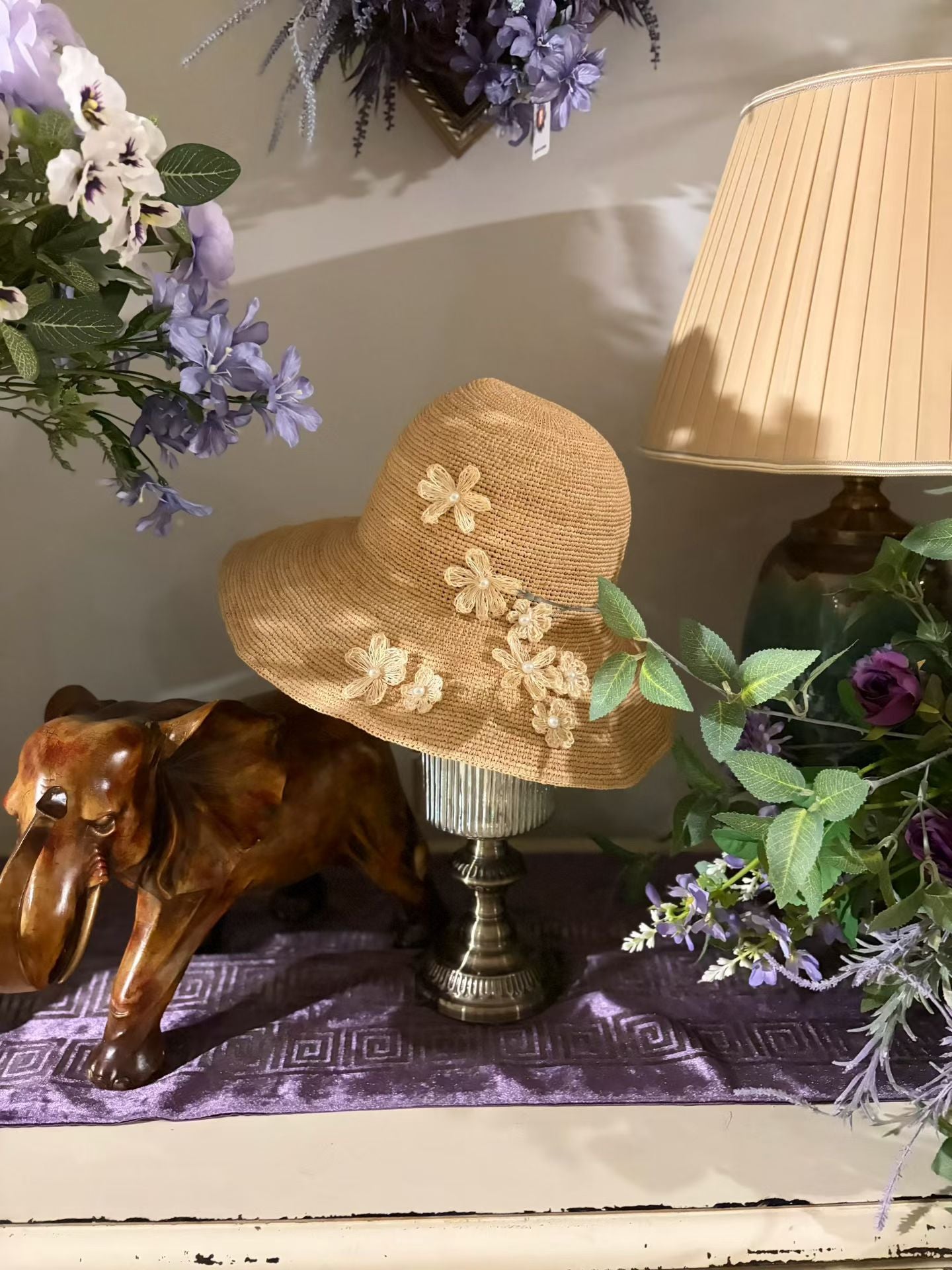 ROLLABLE, Natural Raffia Hat with Floral Pearl Design