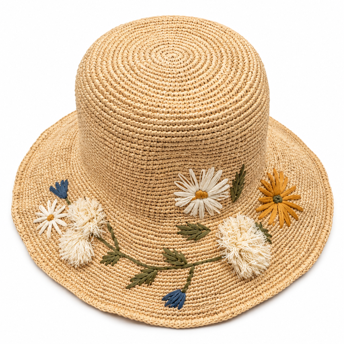 ROLLABLE, Natural Raffia Hat with Floral Design