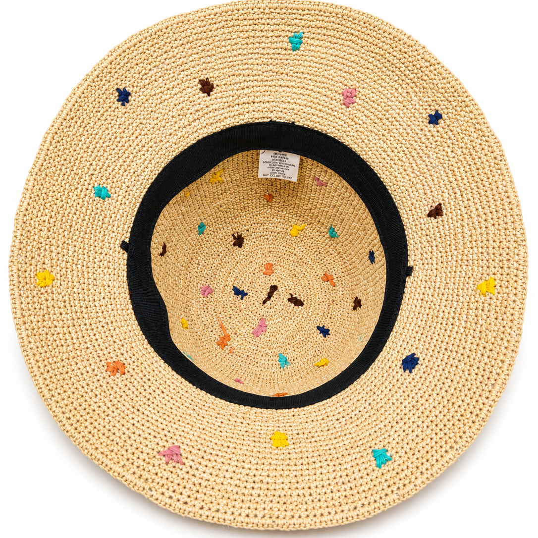 ROLLABLE, Natural Raffia Hat with Confetti Multi Stitch
