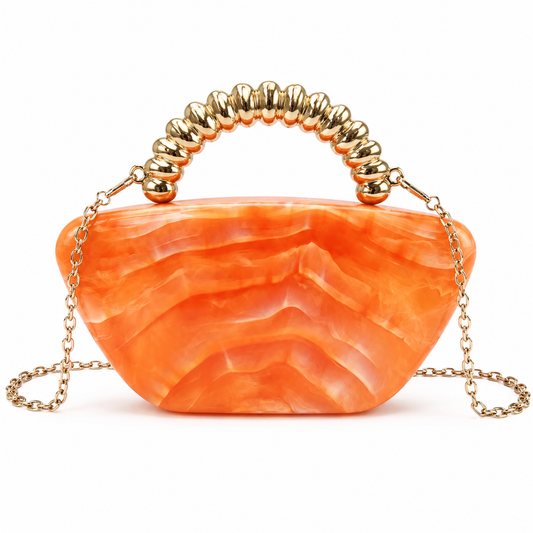Assorted Acrylic Clutch, Orange Marble with Gold Handle