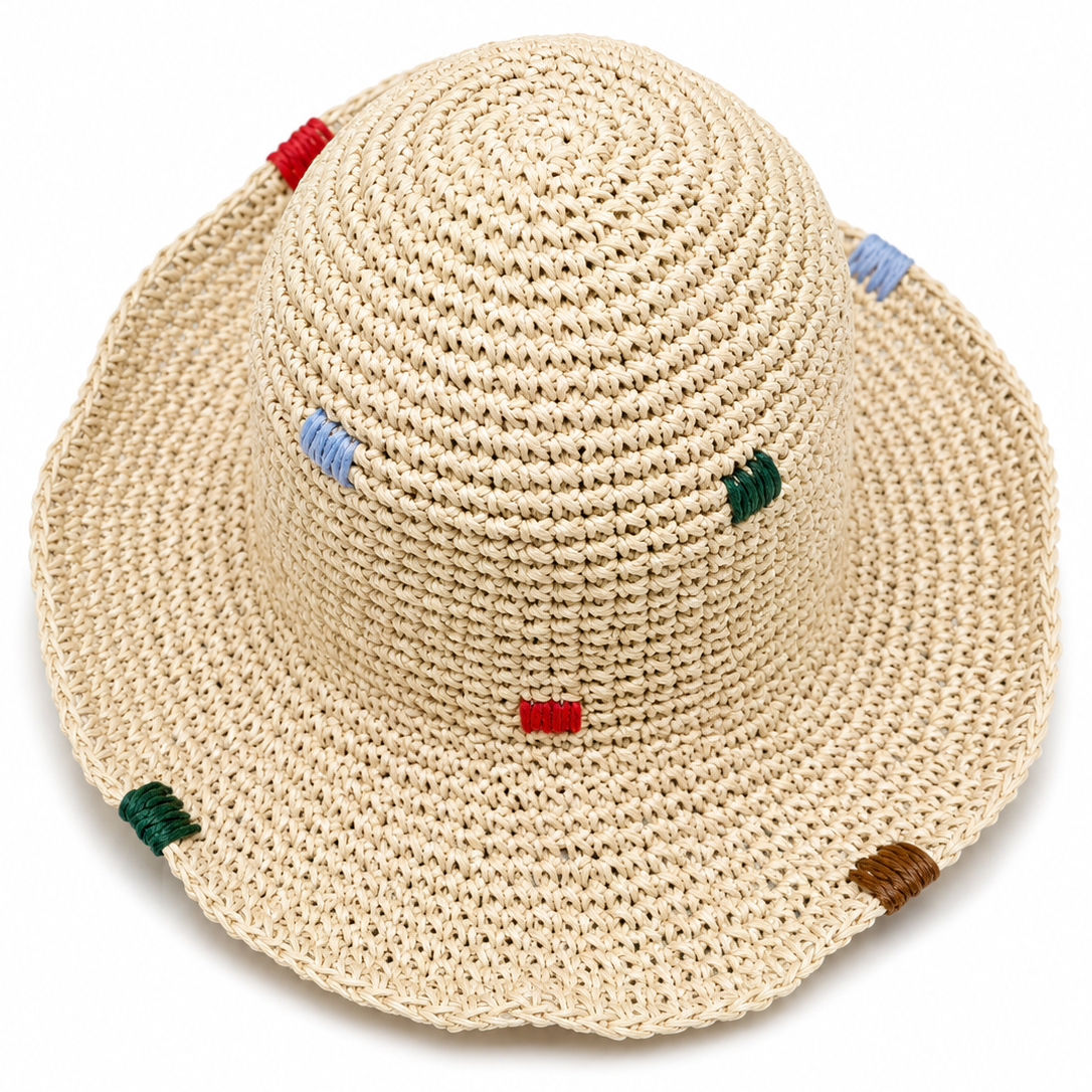 ROLLABLE, Cream Raffia Hat with Earthy Multi Stitch