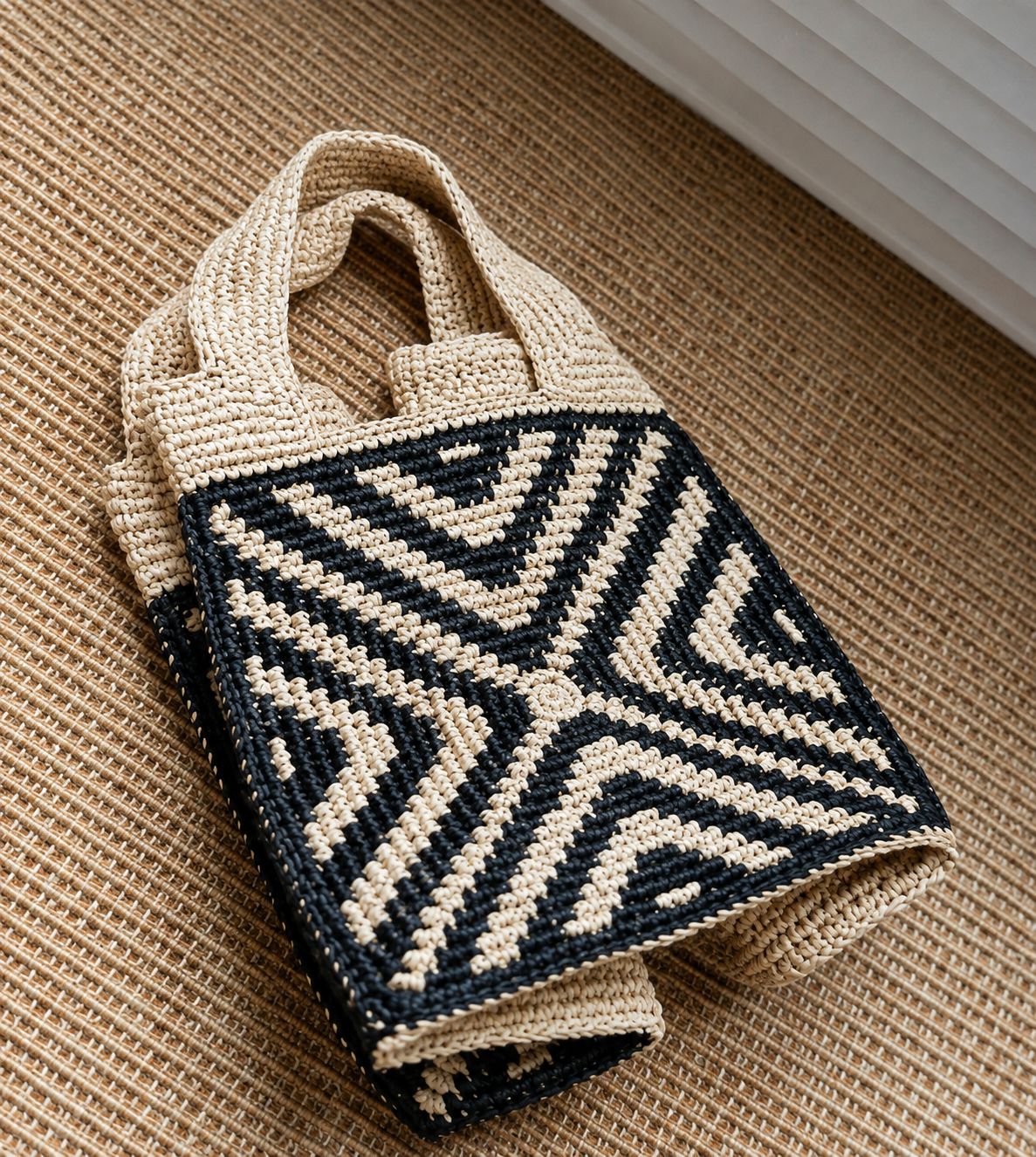 RAFFIA BAG, Black Aztec Square Bag