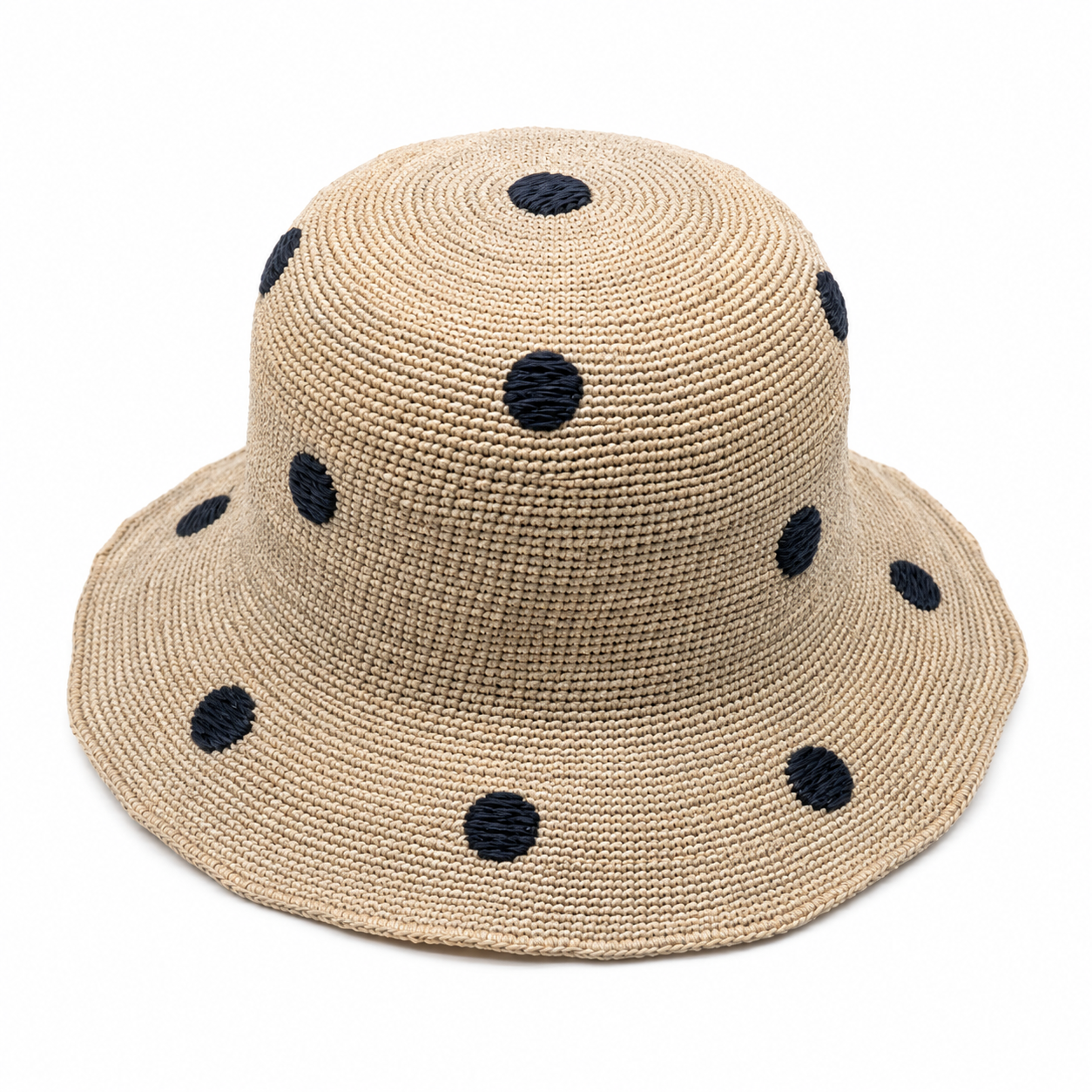 ROLLABLE, Natural Raffia Hat with Black Polka Stitch